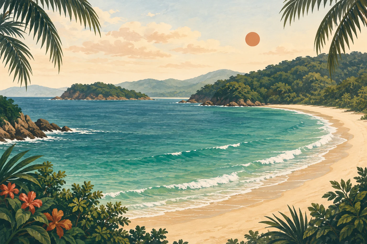 Ilustración costera de Playa Chacala; no representa las instalaciones del anuncio.